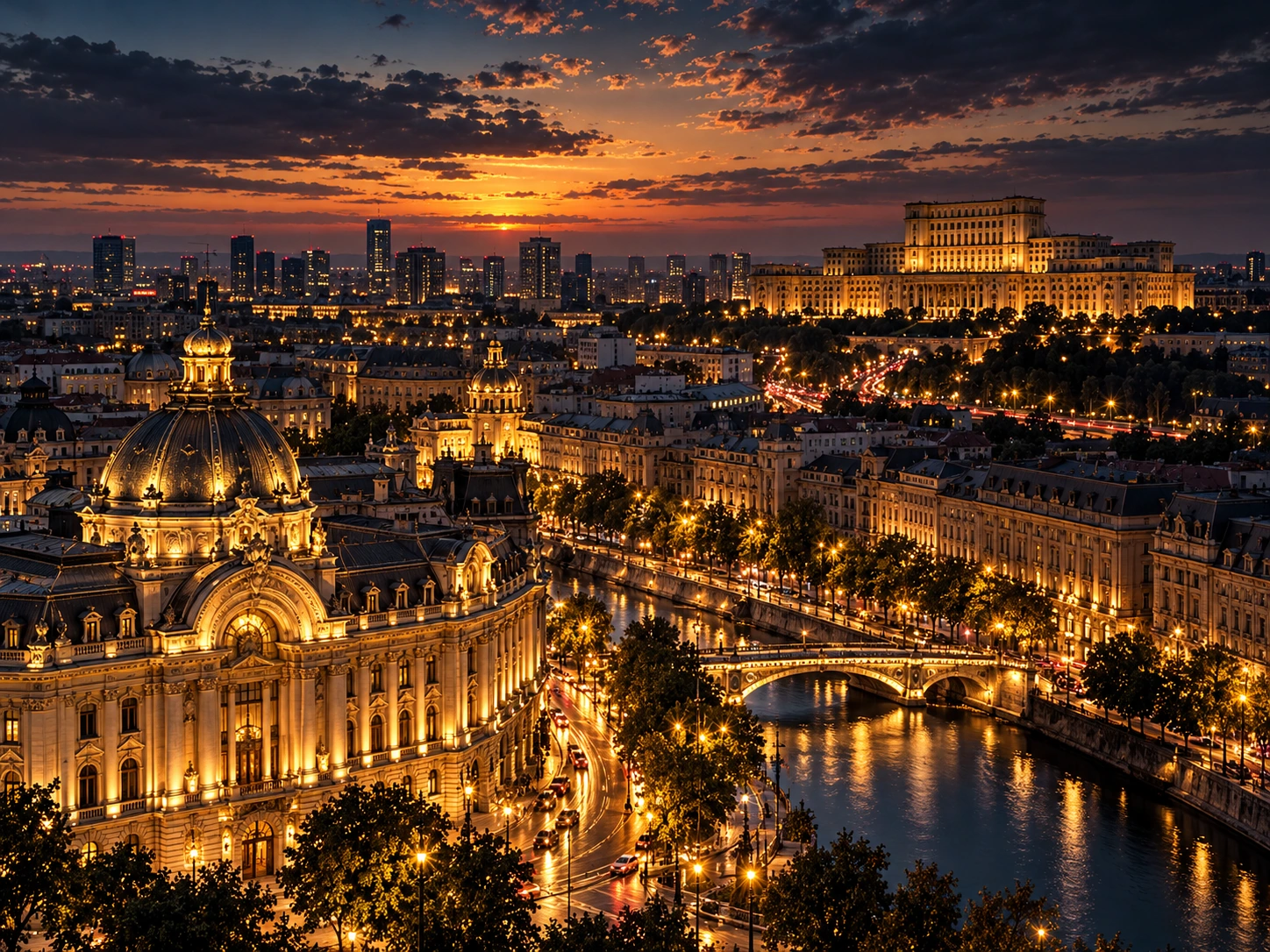 Gold-toned cityscape illustration of BUCHAREST, ROMANIA