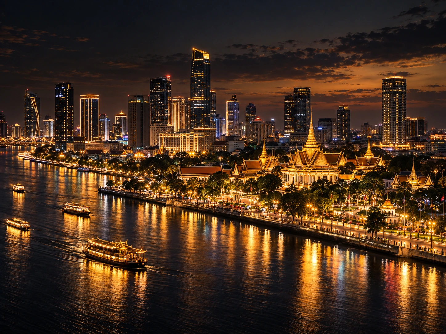 Gold-toned cityscape illustration of PHNOM PENH, CAMBODIA