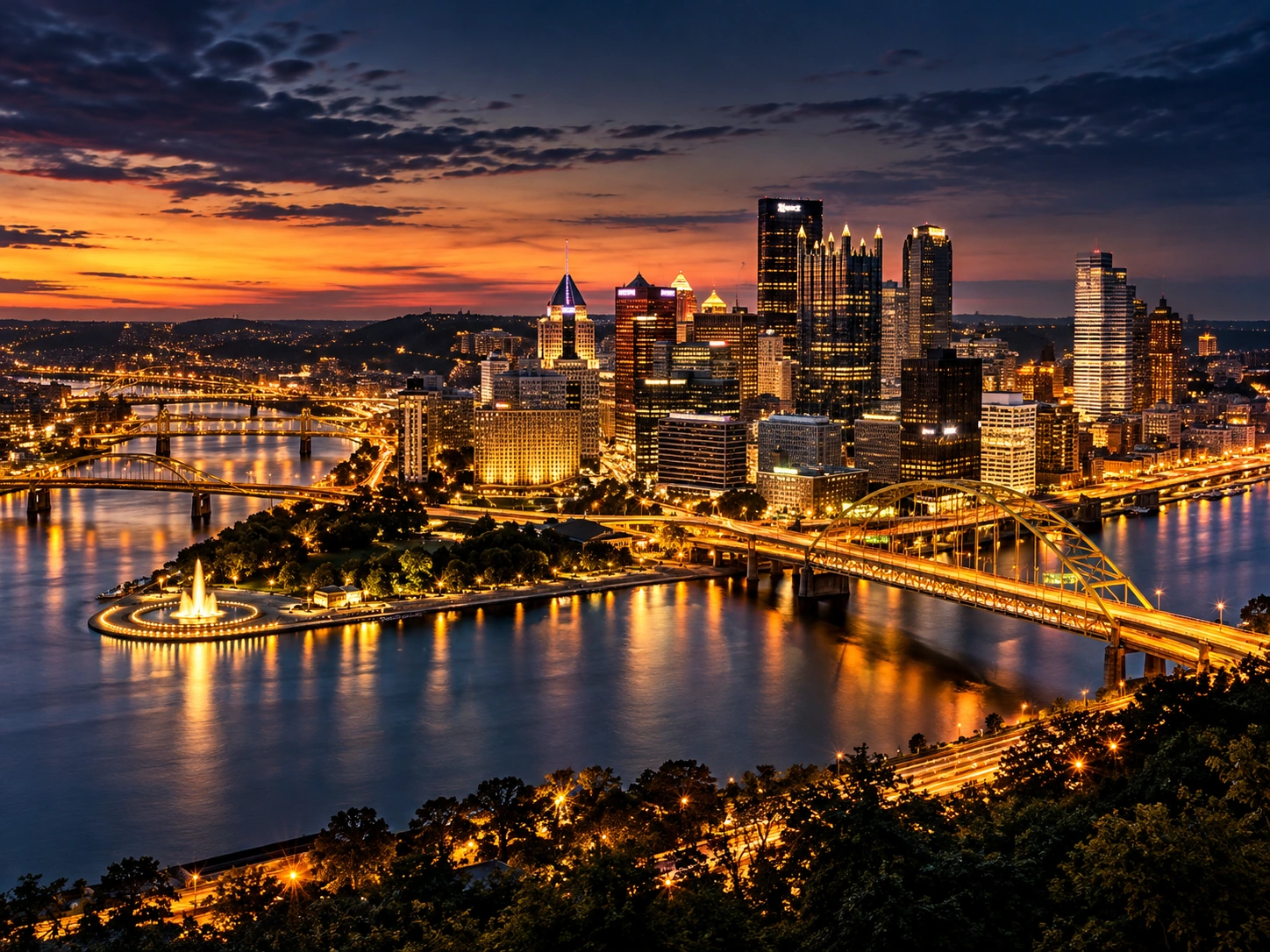 Gold-toned cityscape illustration of PITTSBURGH, USA