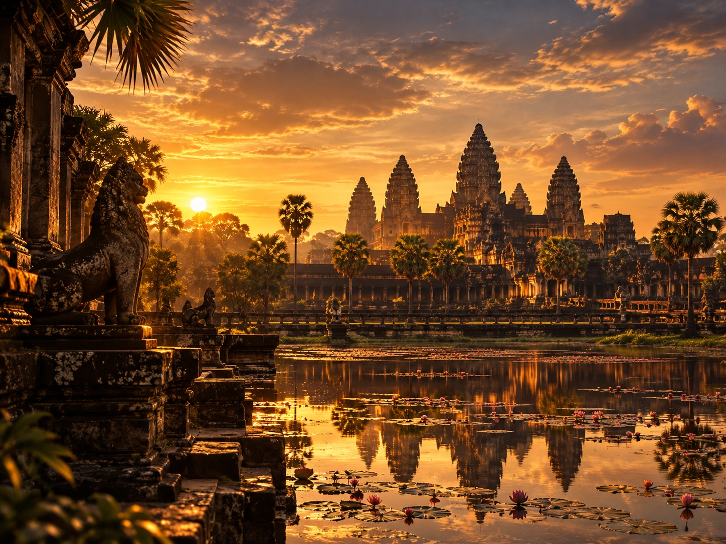 Gold-toned cityscape illustration of SIEM REAP, CAMBODIA