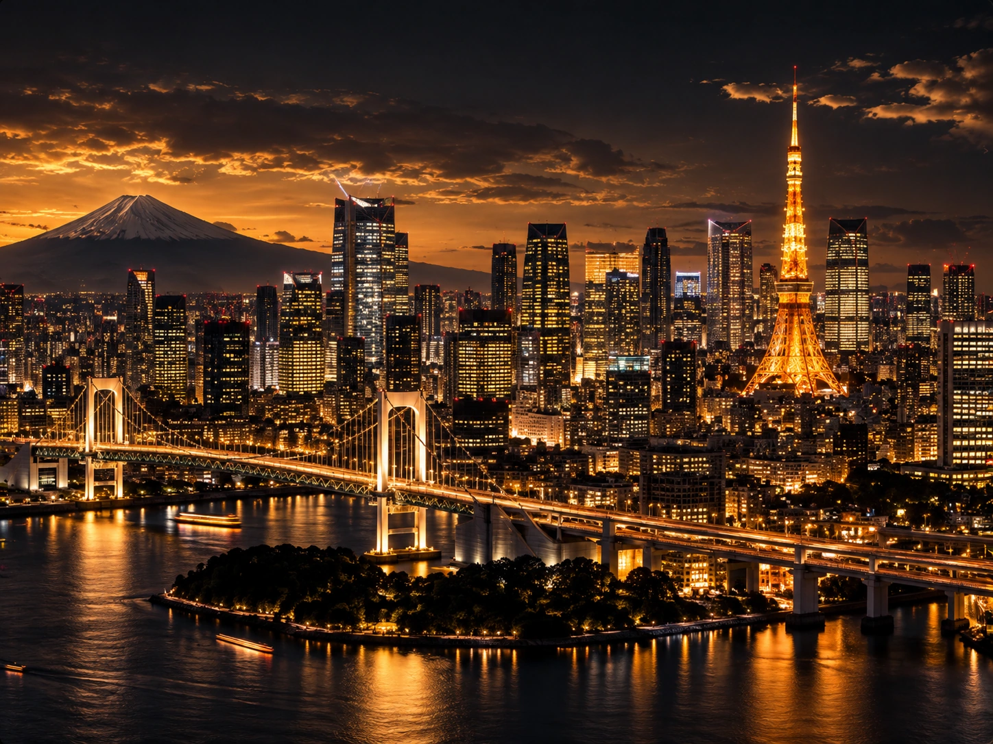 Gold-toned cityscape illustration of TOKYO, JAPAN