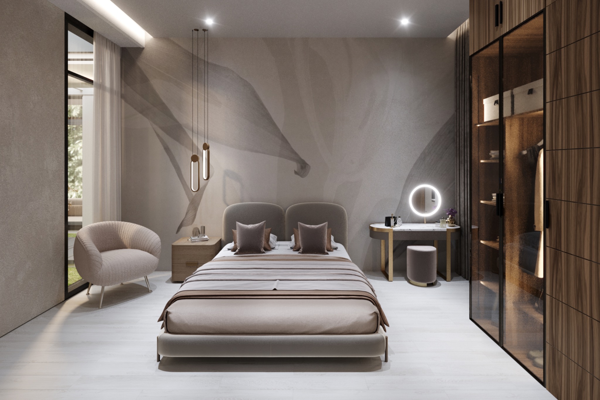 Modern bedroom suite with a softly lit wall mural and integrated wardrobe
