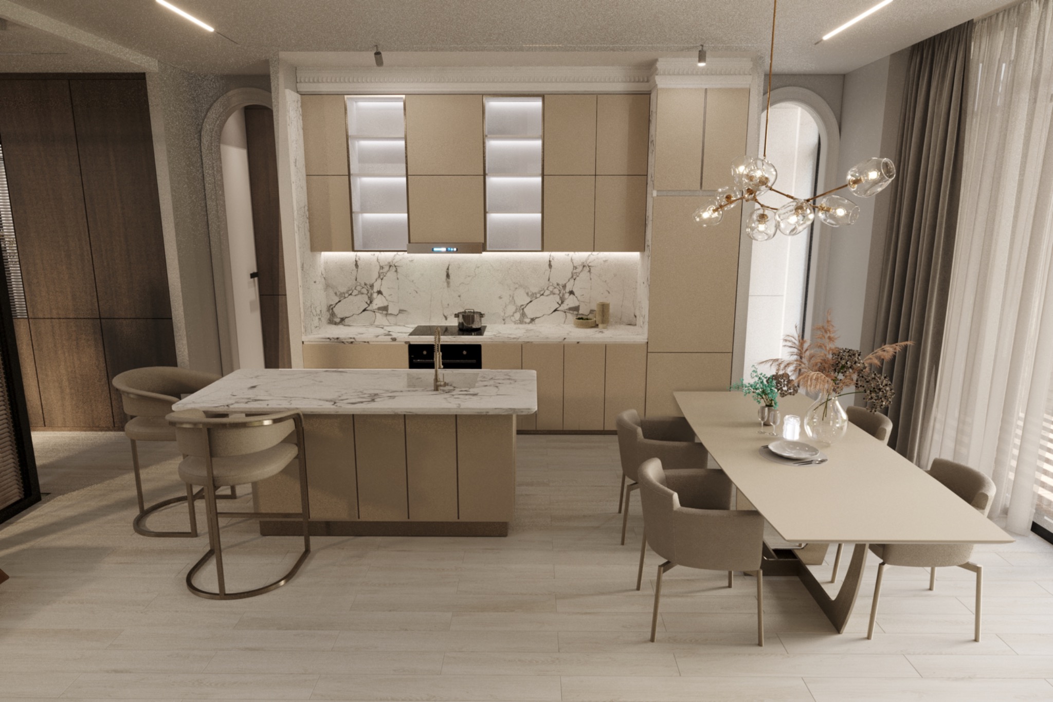 Warm beige contemporary kitchen and dining interior with natural material finishes
